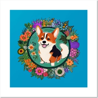 cute corgi with floral patterns Posters and Art